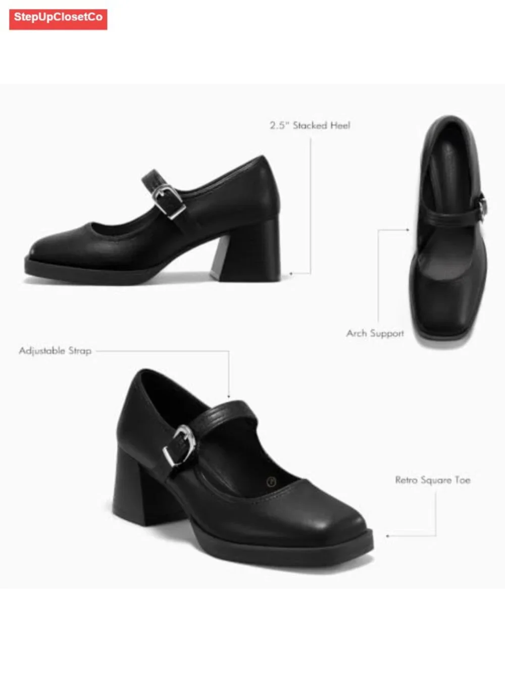 Women's Chunky Heel Mary Jane Pumps Square Toe Buckle Dress Shoes Faux Leather